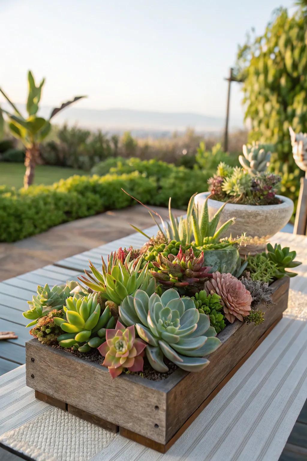 Succulents offer a contemporary and low-maintenance centerpiece option.