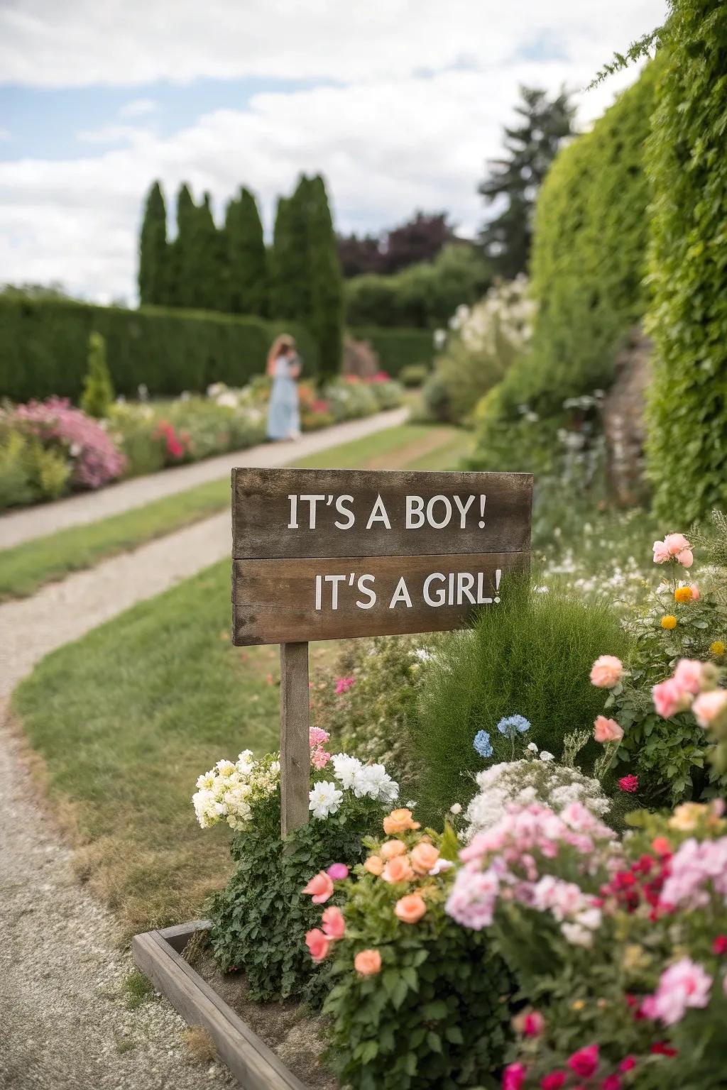 A personalized garden sign adds a heartfelt touch to the reveal.