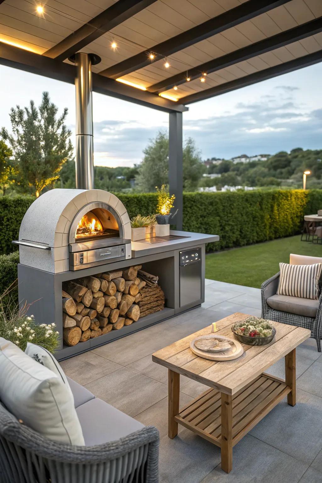 Enjoy multifunctional cooking with a grill station and pizza oven.