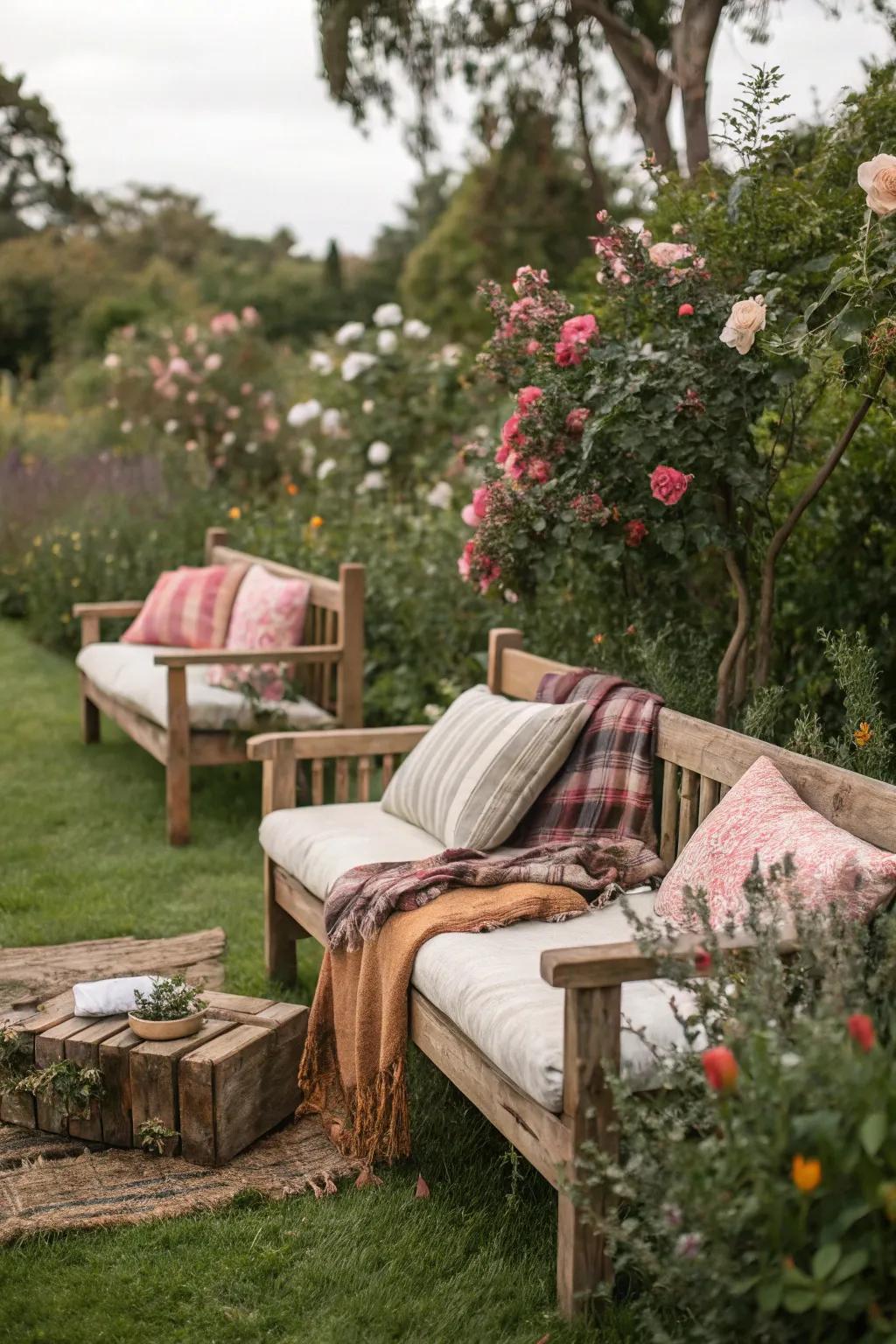 Rustic seating with cushions and throws adds comfort and charm.