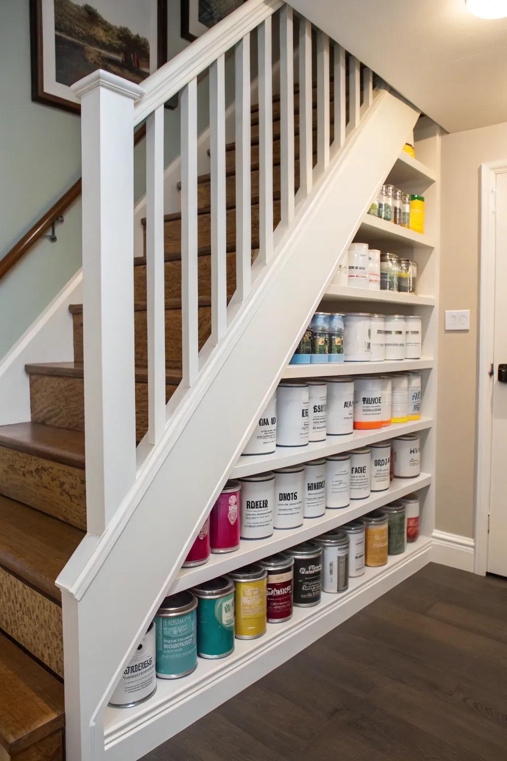 Under-stair shelving offers a clever storage solution for paint cans.