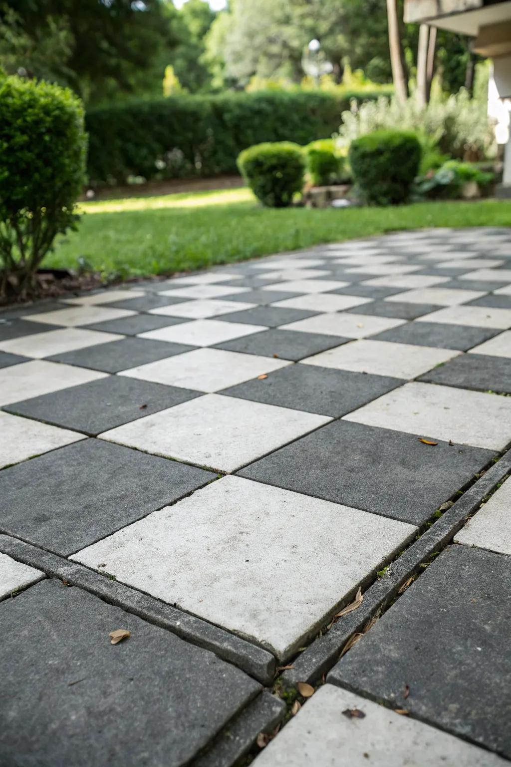 A timeless black and white checkerboard patio design.