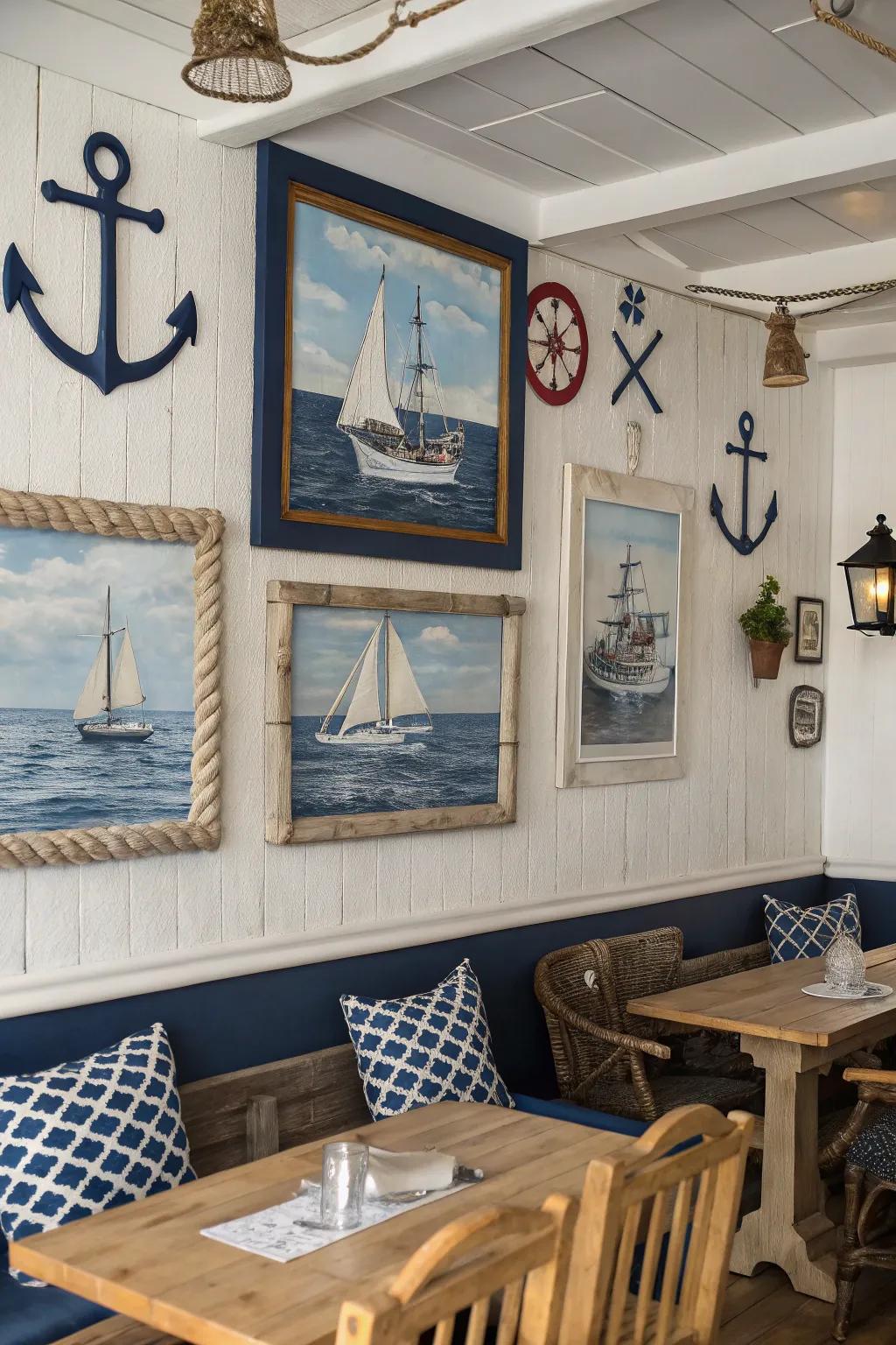 Nautical-themed room with cohesive framed paintings.