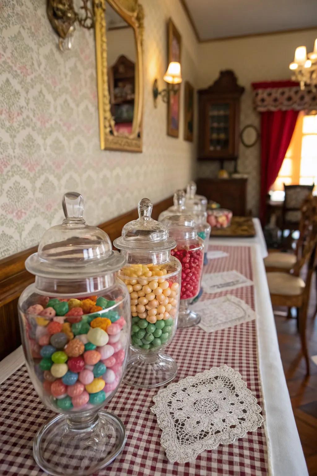 A charming retro candy buffet with vintage glass jars.