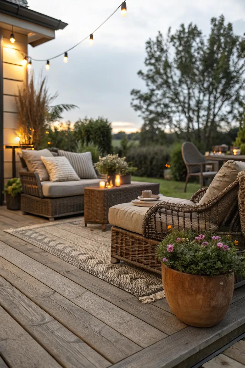 Add warmth with easy-to-install wooden deck tiles.