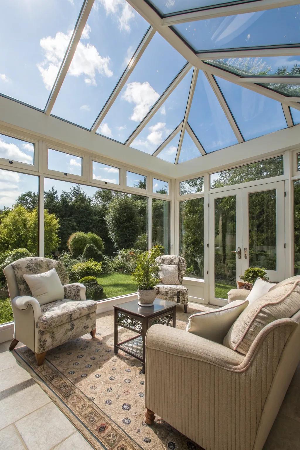 Relax in a sunroom-style enclosure filled with natural light.