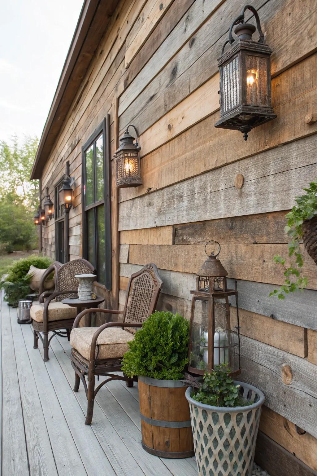 A rustic patio wall crafted from reclaimed barn wood.