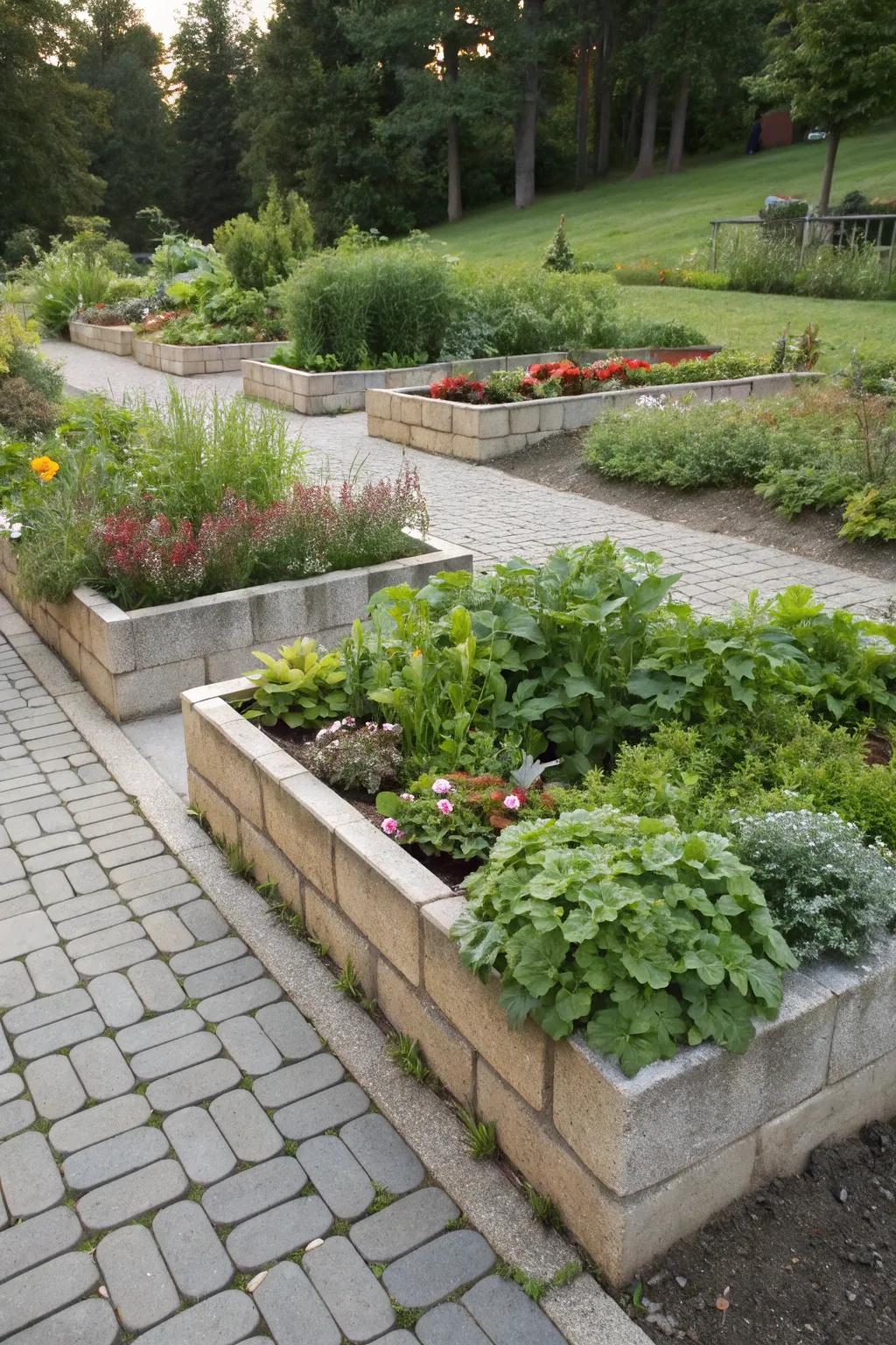 Raised paver flower beds bring depth to your garden design.