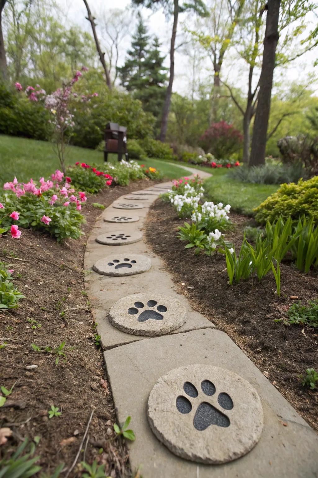 Personalized paw print stepping stones in a garden path.