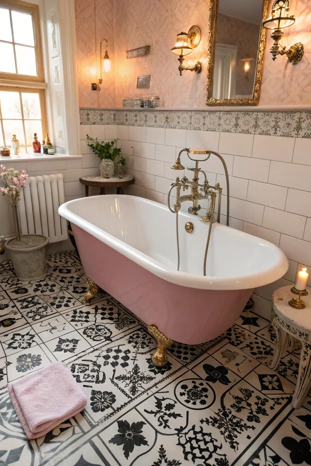 A pink clawfoot tub exudes vintage charm.