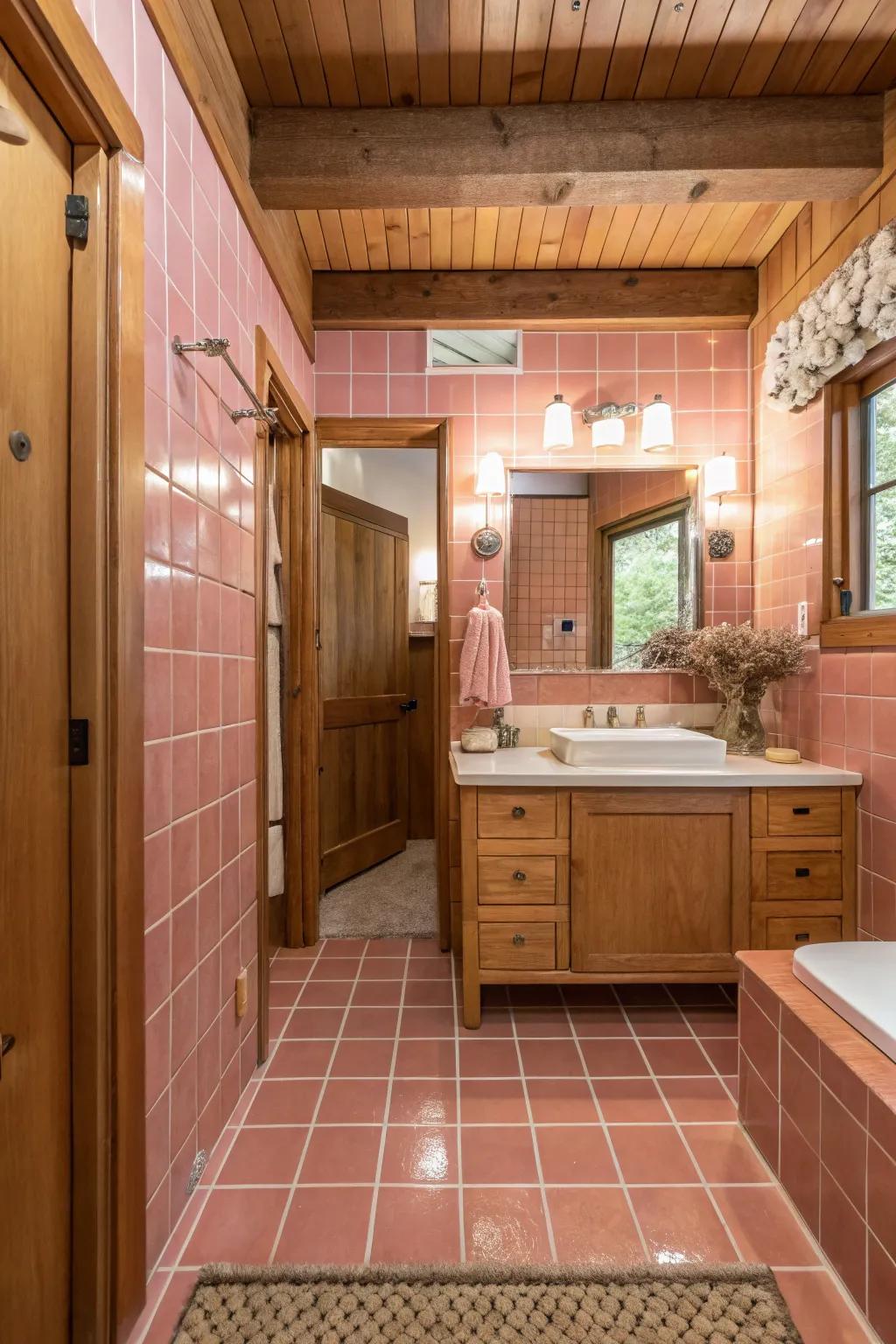 A harmonious blend of pink tiles and wooden elements in the bathroom.