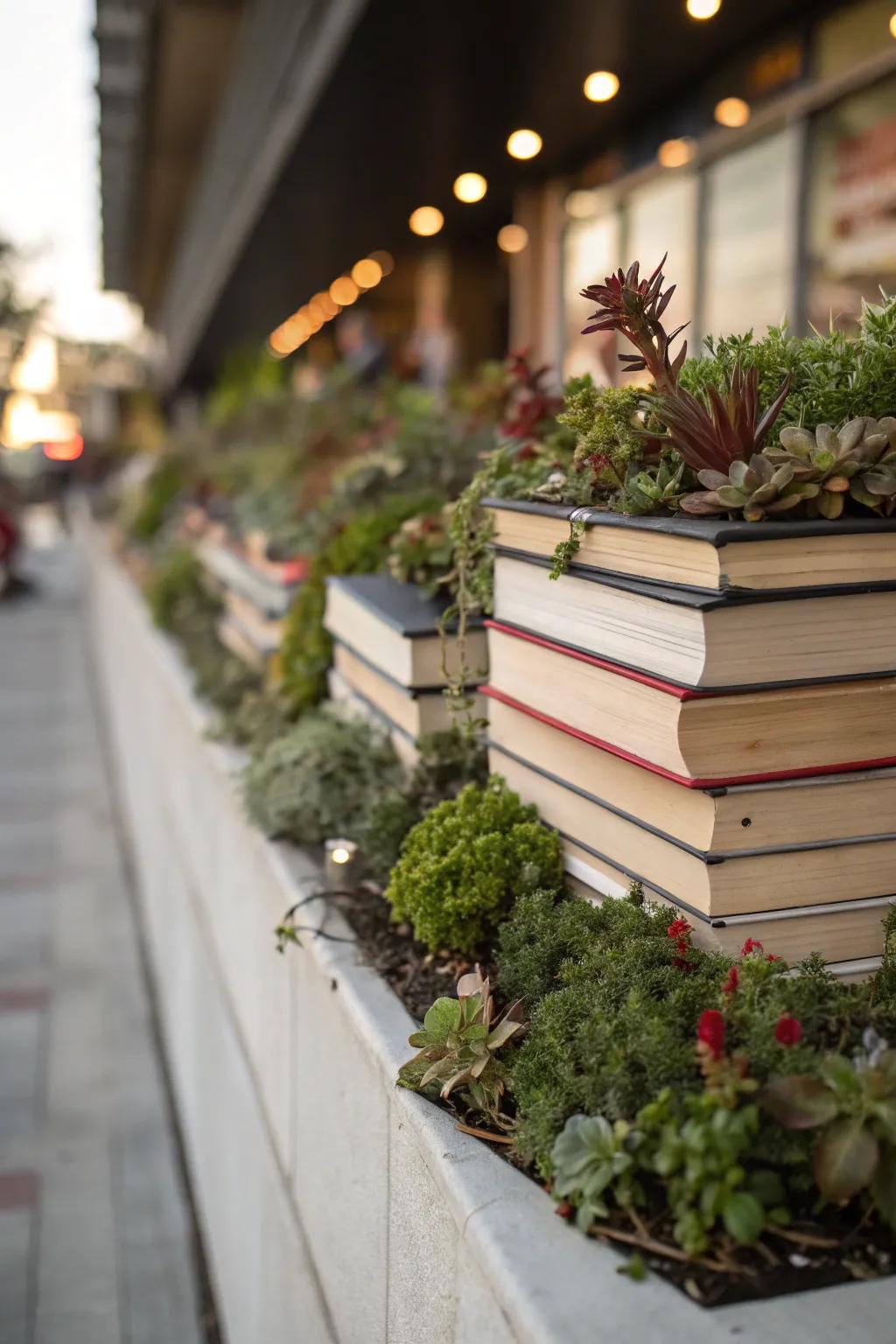 Books add layers and personal charm to this plant ledge.
