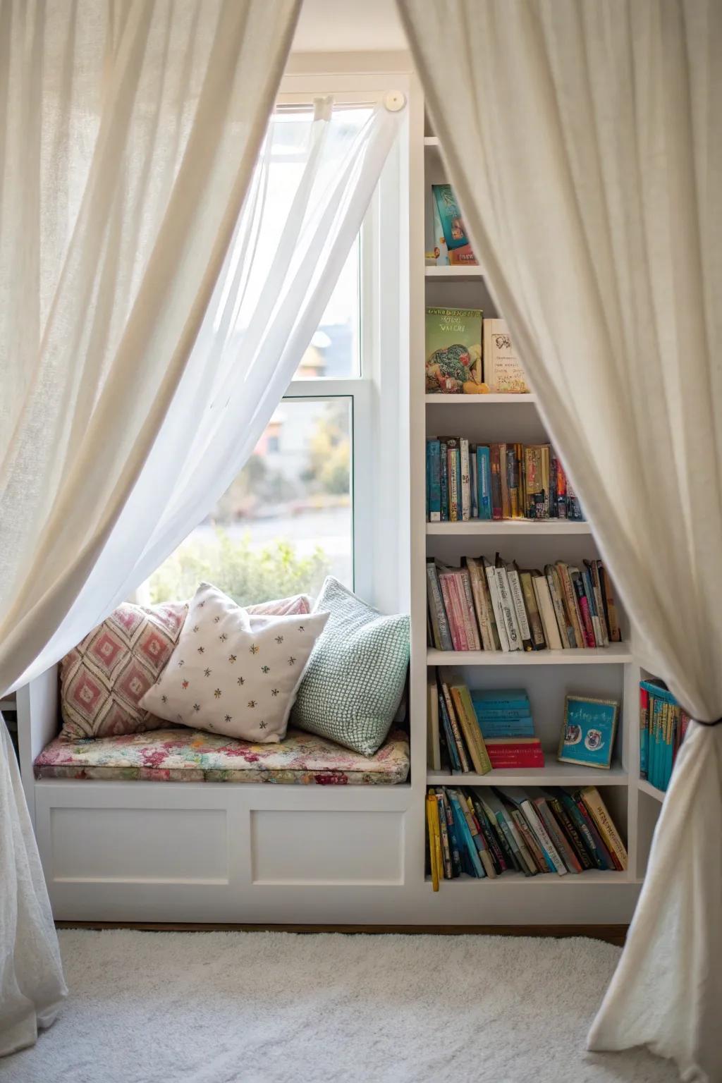 Curtains create a snug reading corner by the window.