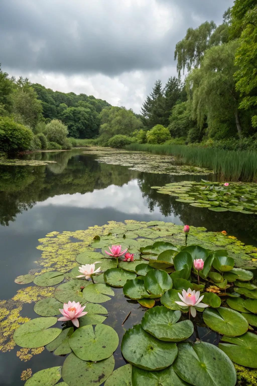 Blooming water lilies add color and texture to the pond's surface.