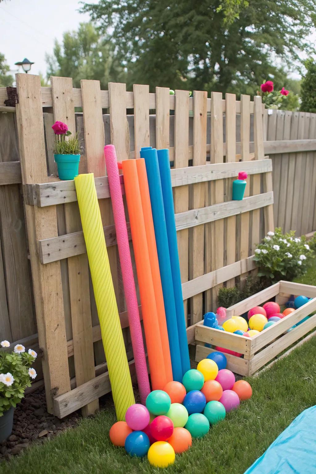 DIY pallet storage adds a rustic touch to pool organization.