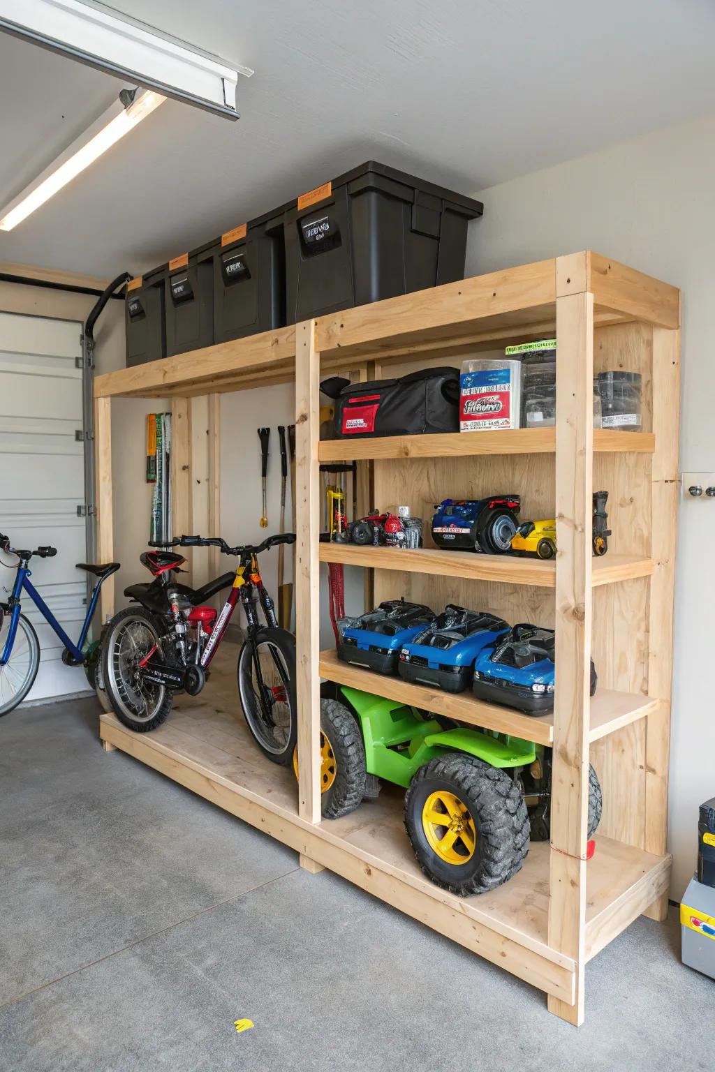 Custom shelving for organized power wheels storage.