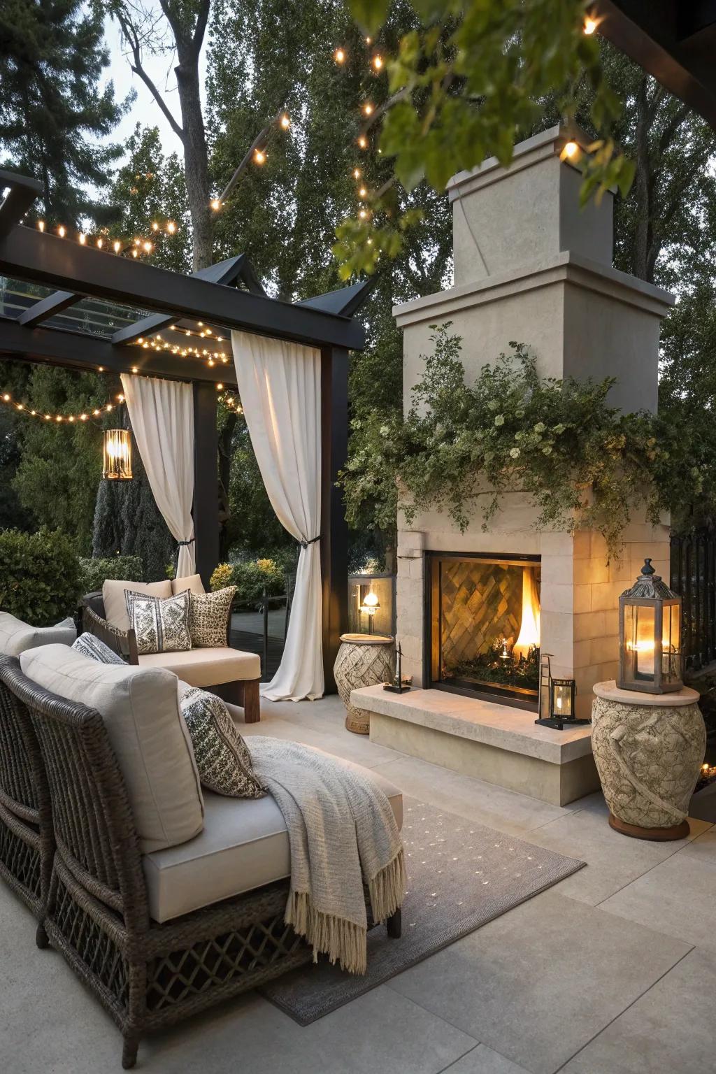 An outdoor patio featuring a stylish propane fireplace.