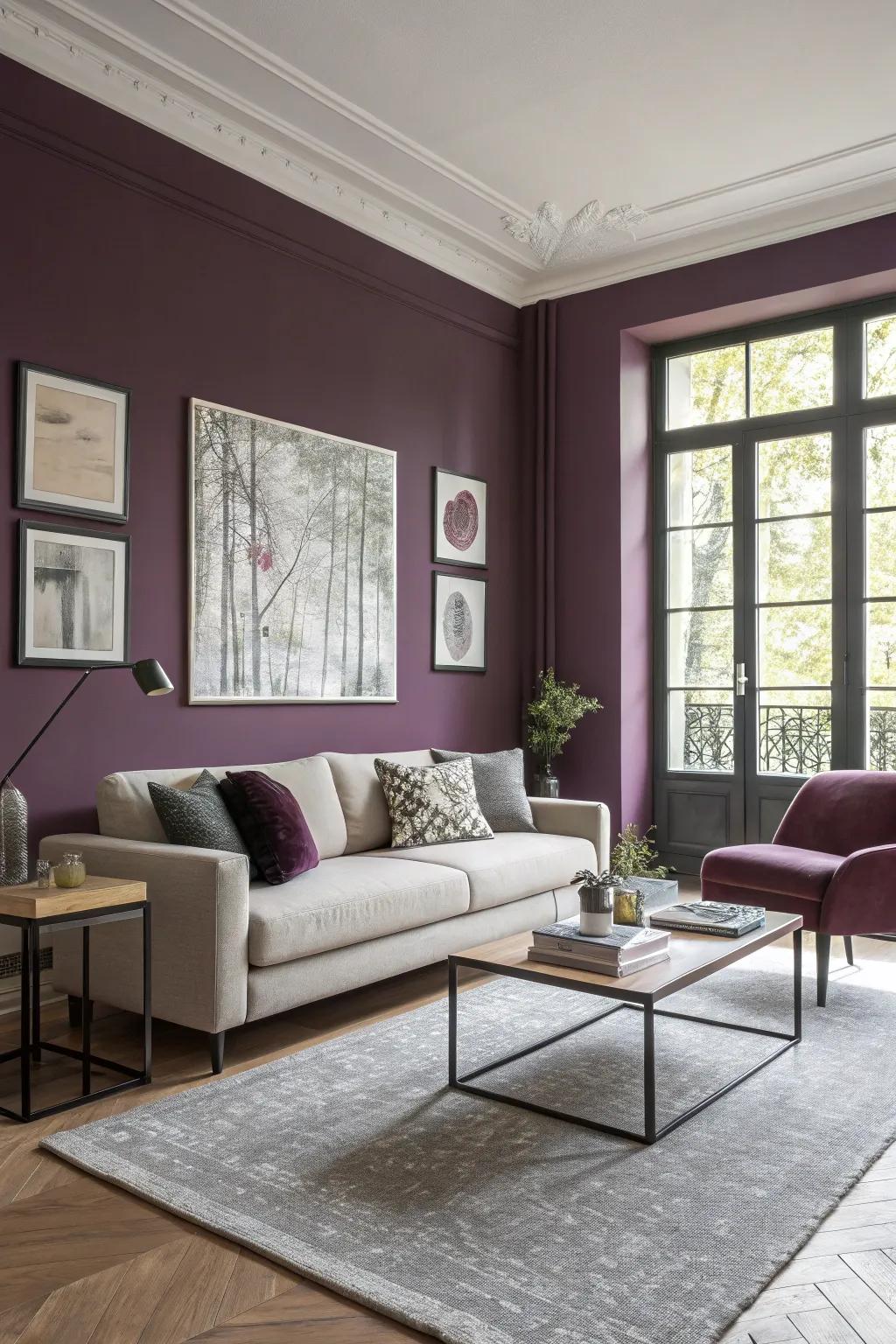 A modern living room brought to life with plum-colored walls.