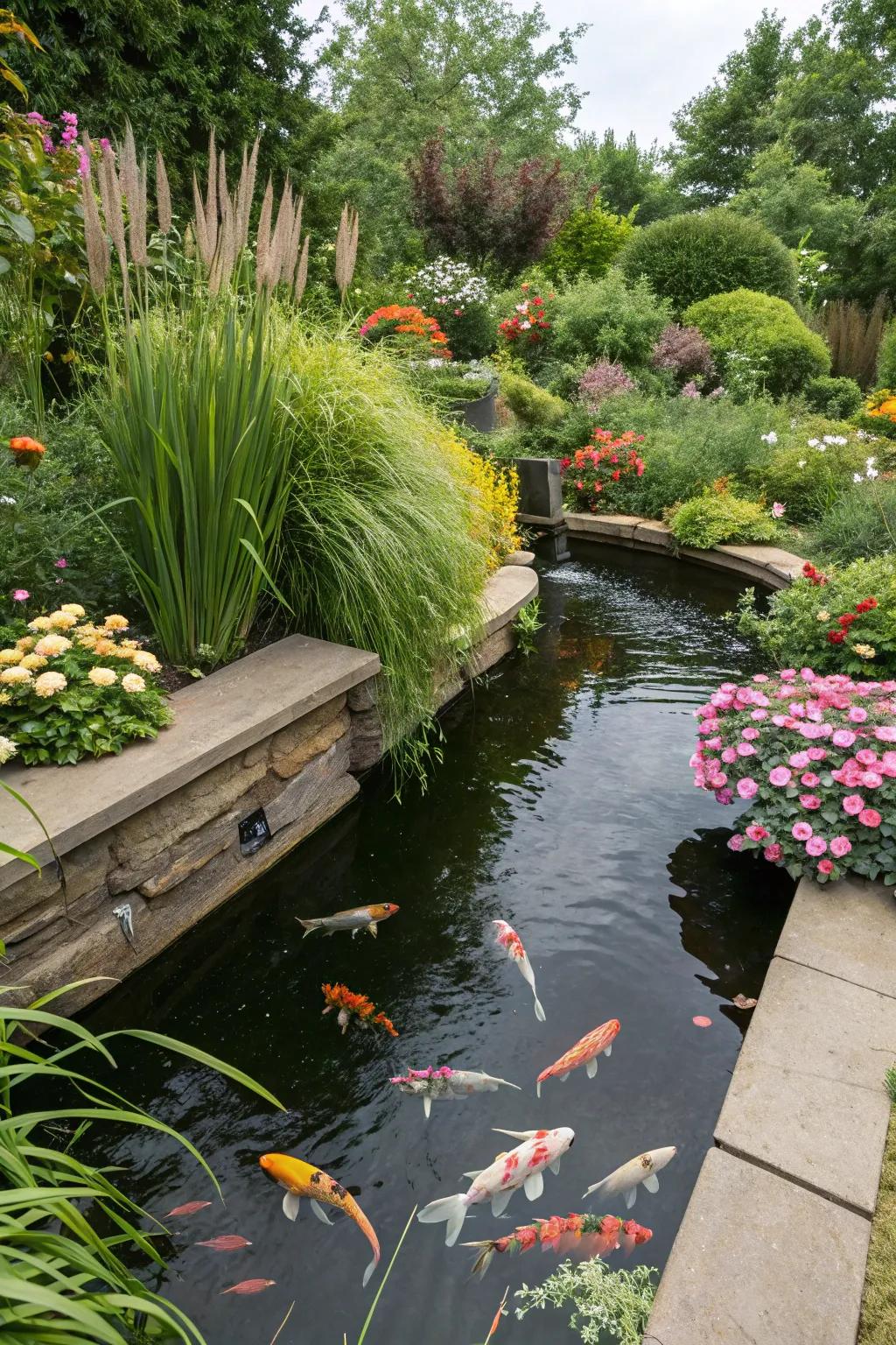 A harmonious blend of a raised koi pond with a vibrant garden.