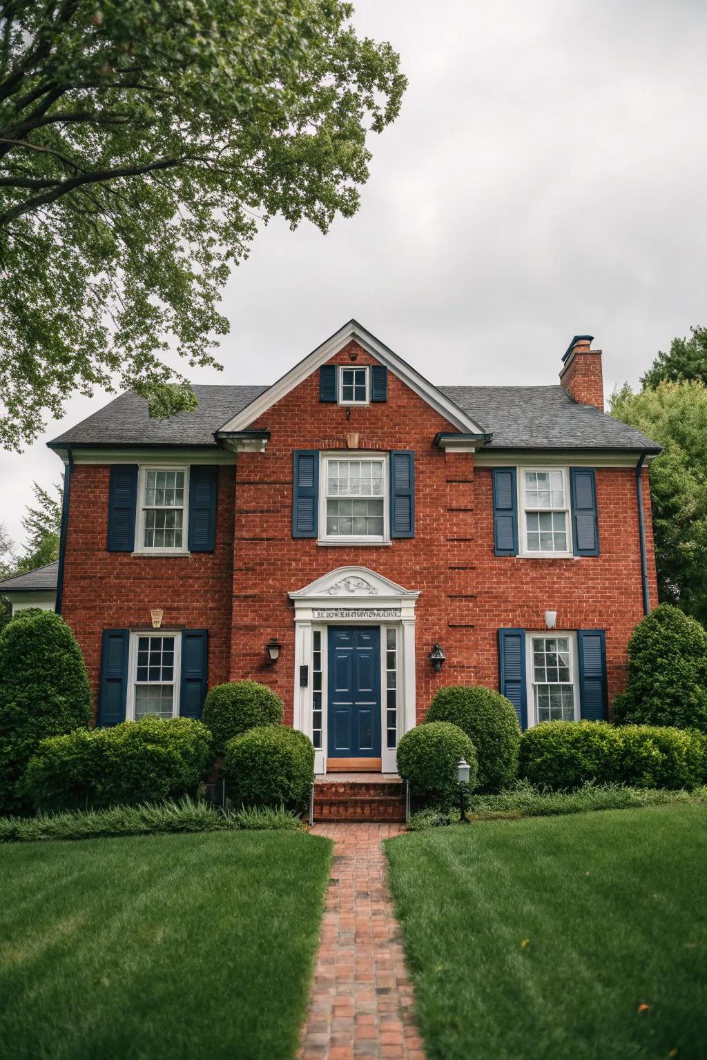 Bold navy accents that enhance the red brick house.