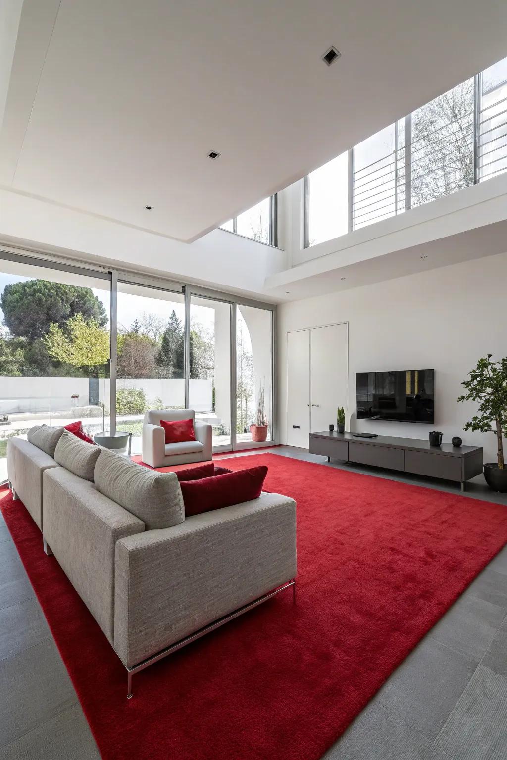 A contemporary minimalist living room featuring a sleek red carpet.