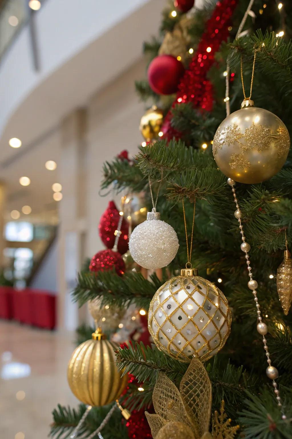 Glistening gold ornaments create a luxurious Christmas tree theme.