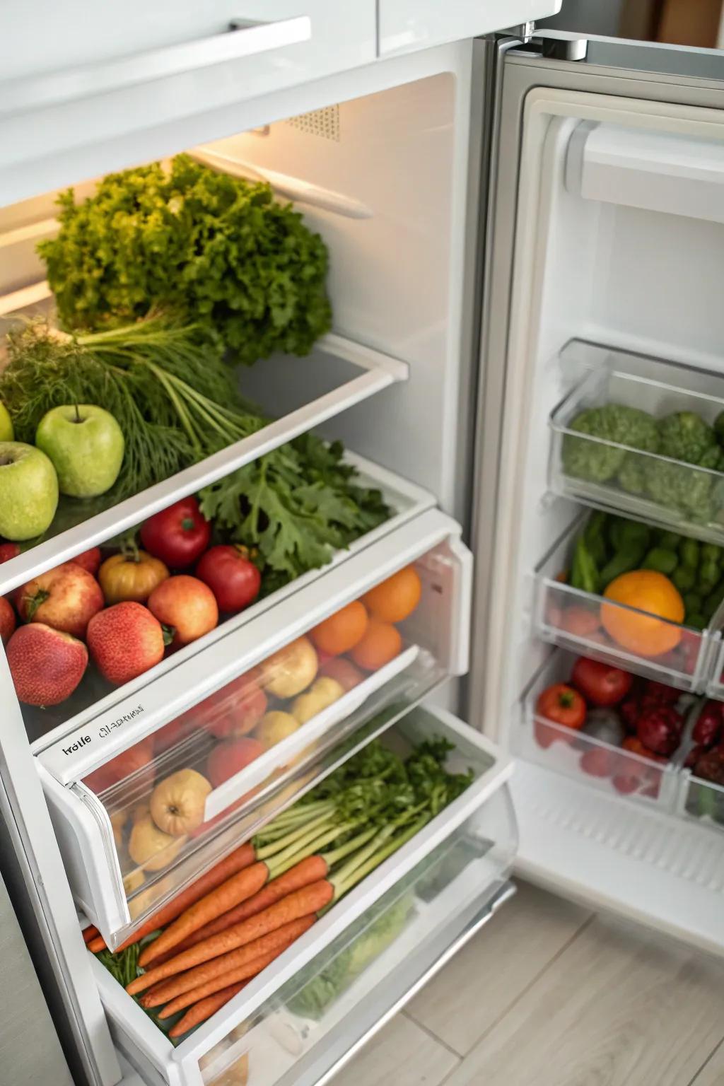 Designated drawers for specific food types enhance freshness and order.