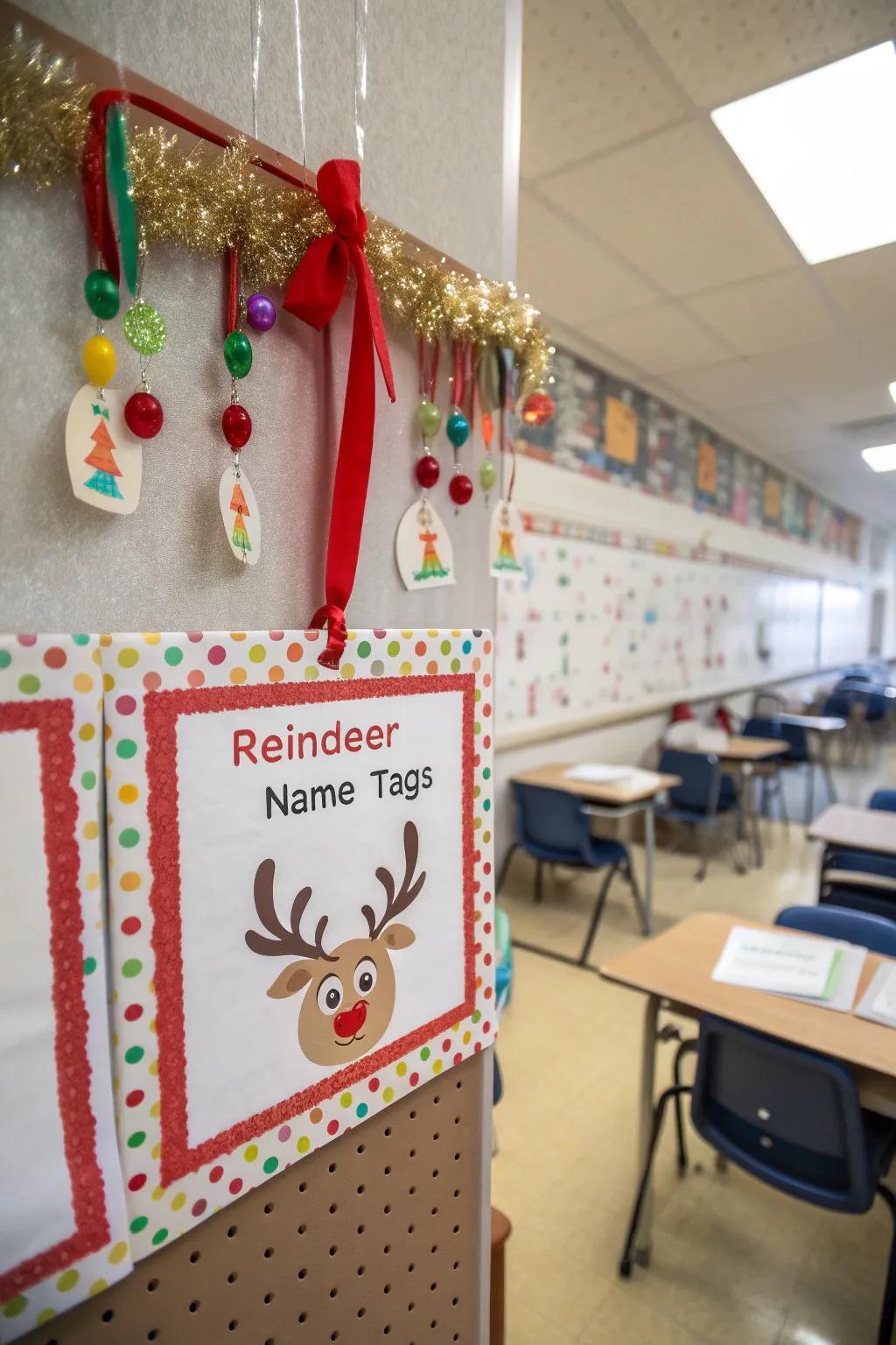 Interactive reindeer name tags make your board both fun and personal.