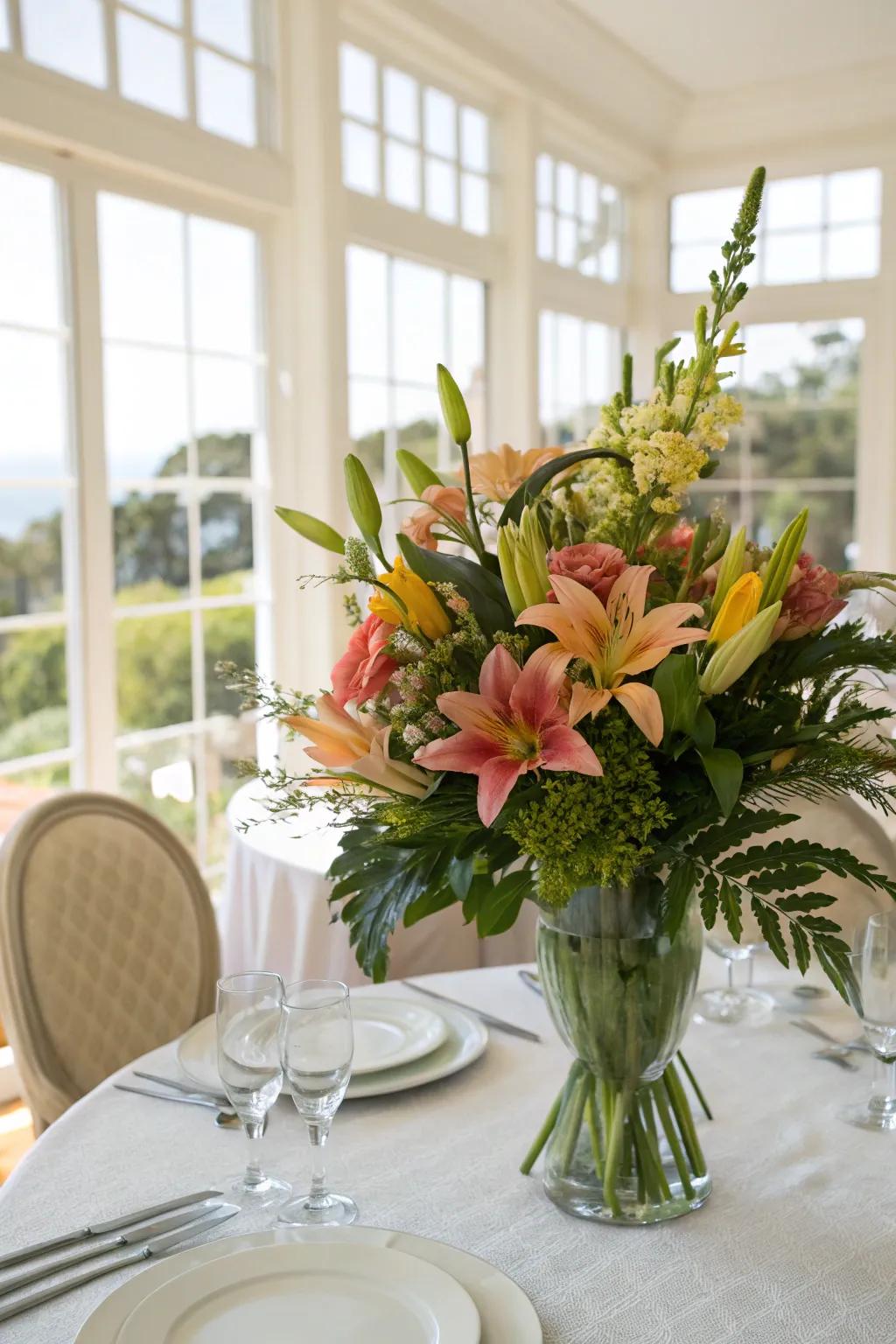 Lilies and greenery bring natural beauty to the table.