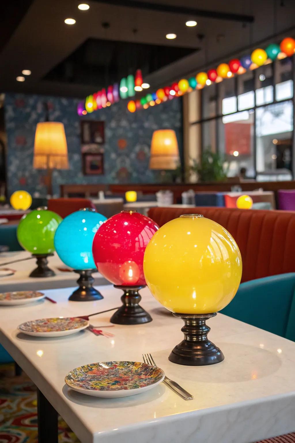 Colorful glass orb table lamps on a restaurant table, surrounded by vivid decor.