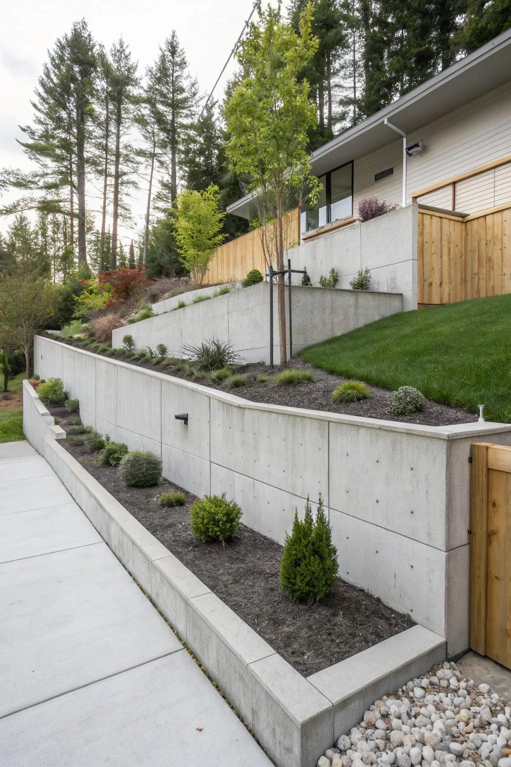 Modern concrete walls offer a sleek and structured appeal to landscapes.