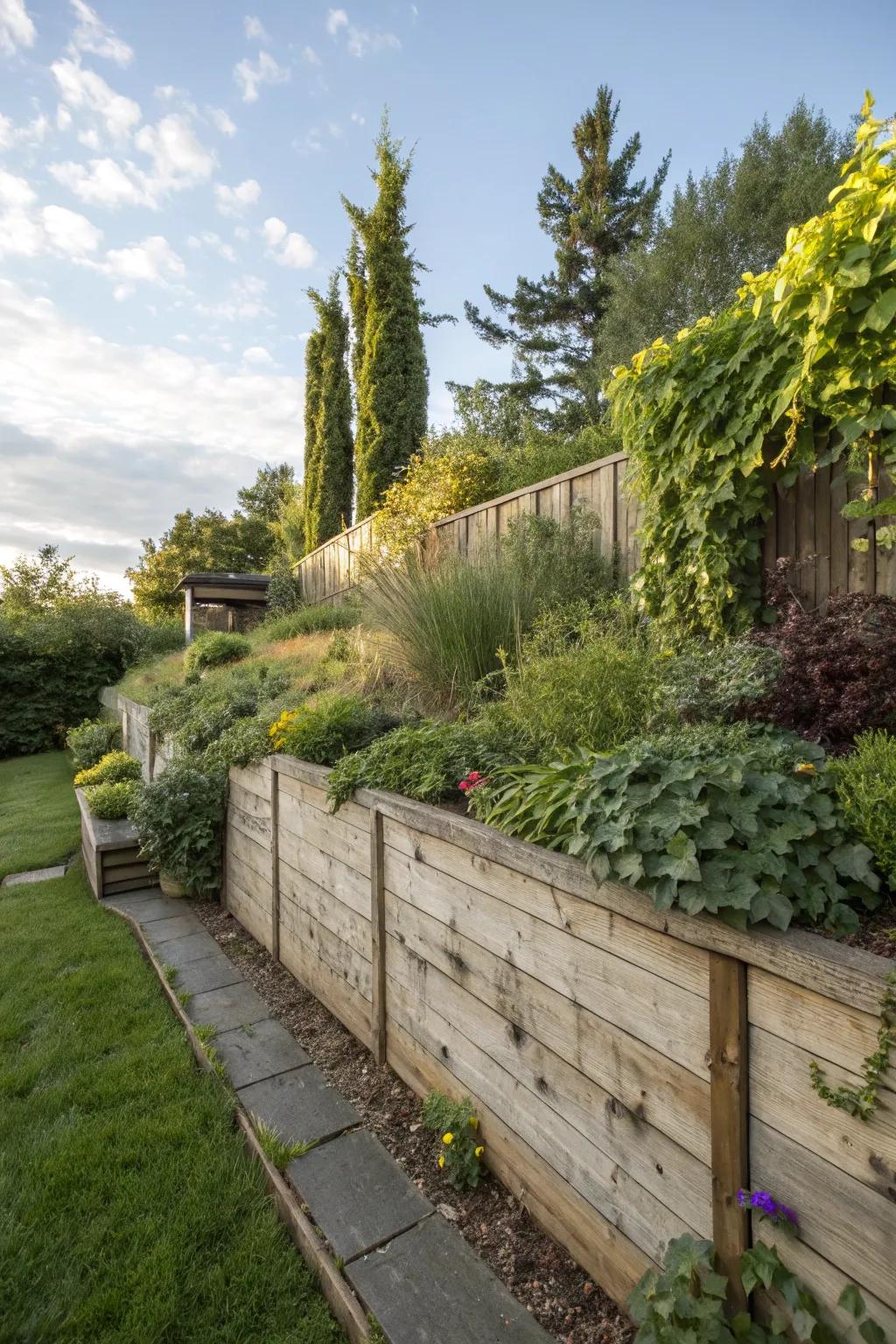 Wooden retaining walls add warmth and natural charm.