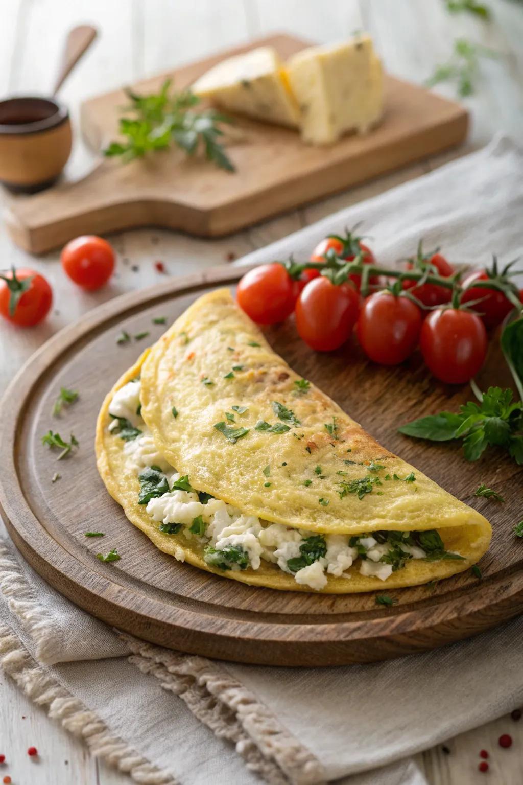 A savory omelet filled with herbs is a delightful start to a romantic morning.