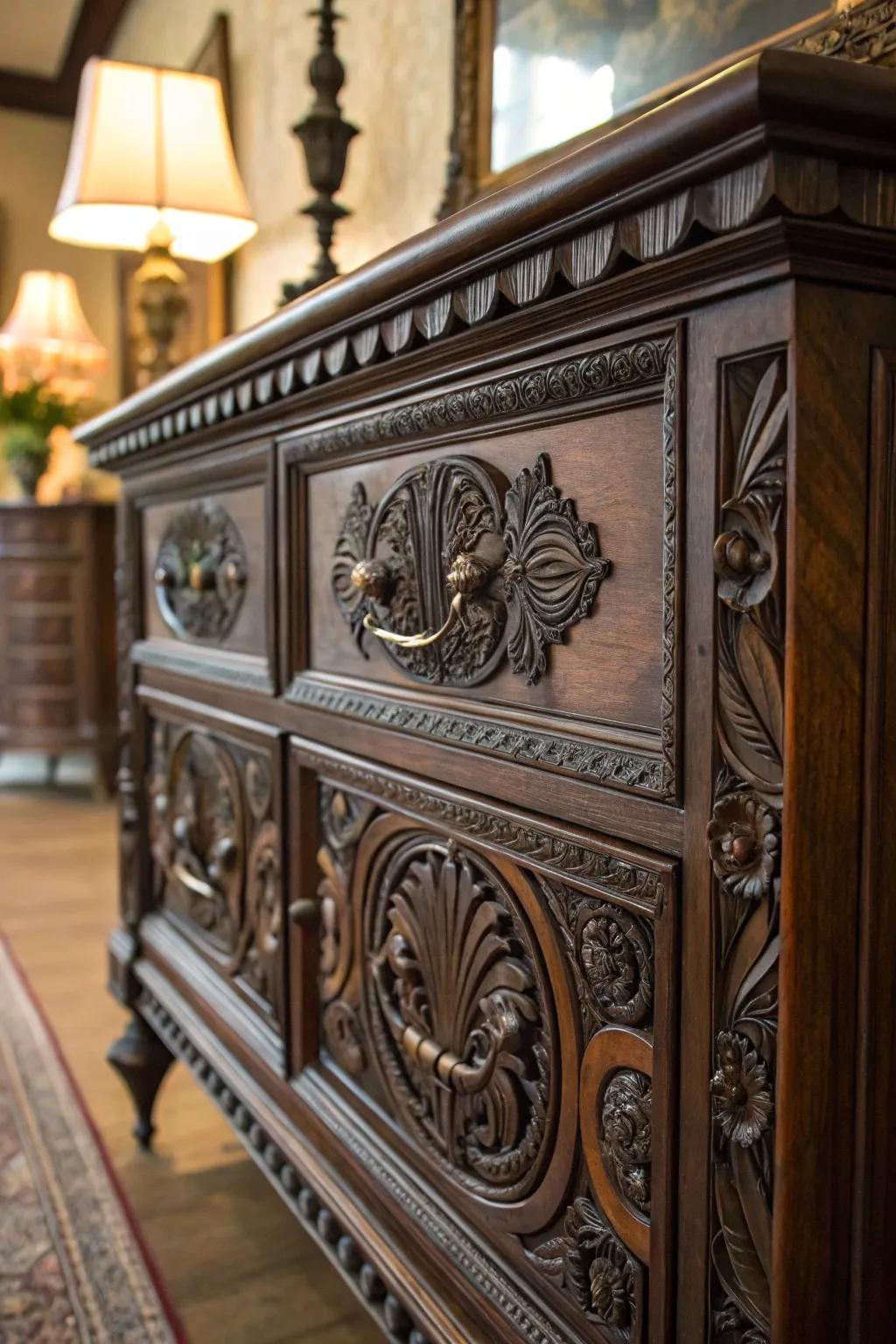Ornate furniture with intricate carvings adds Victorian elegance to your space.