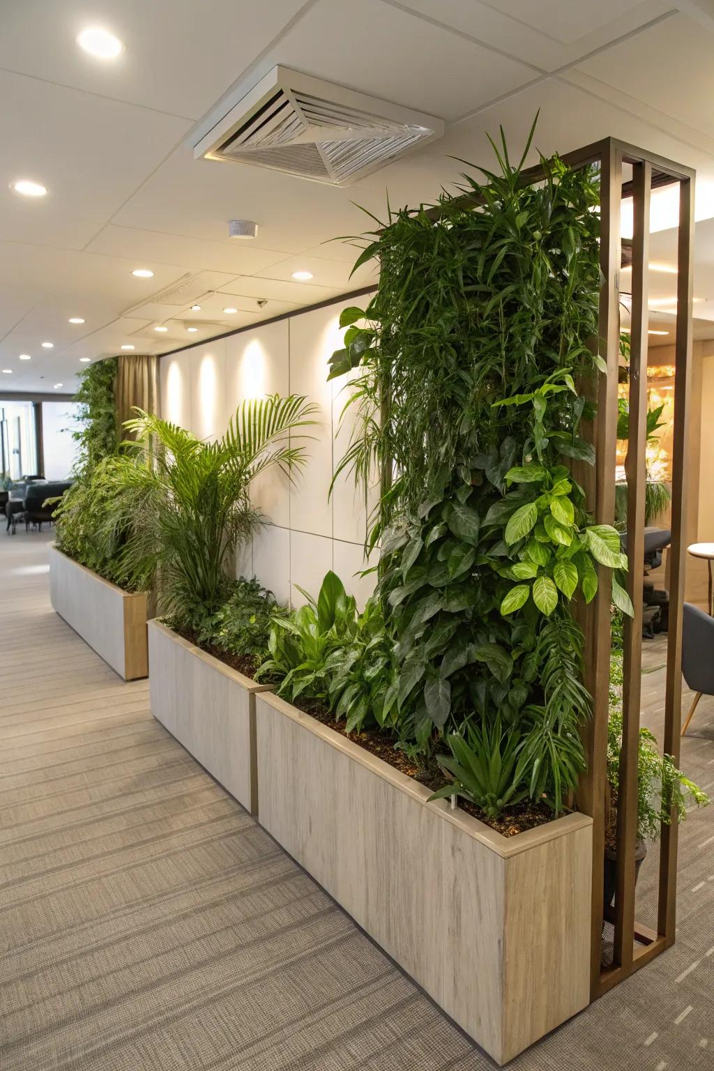 A room divider half wall with integrated planters, adding a touch of nature indoors.