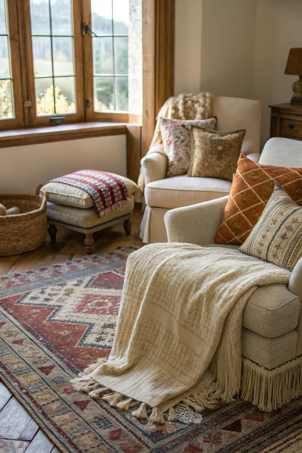 A room enhanced with textured elements like rugs and throws for added depth.