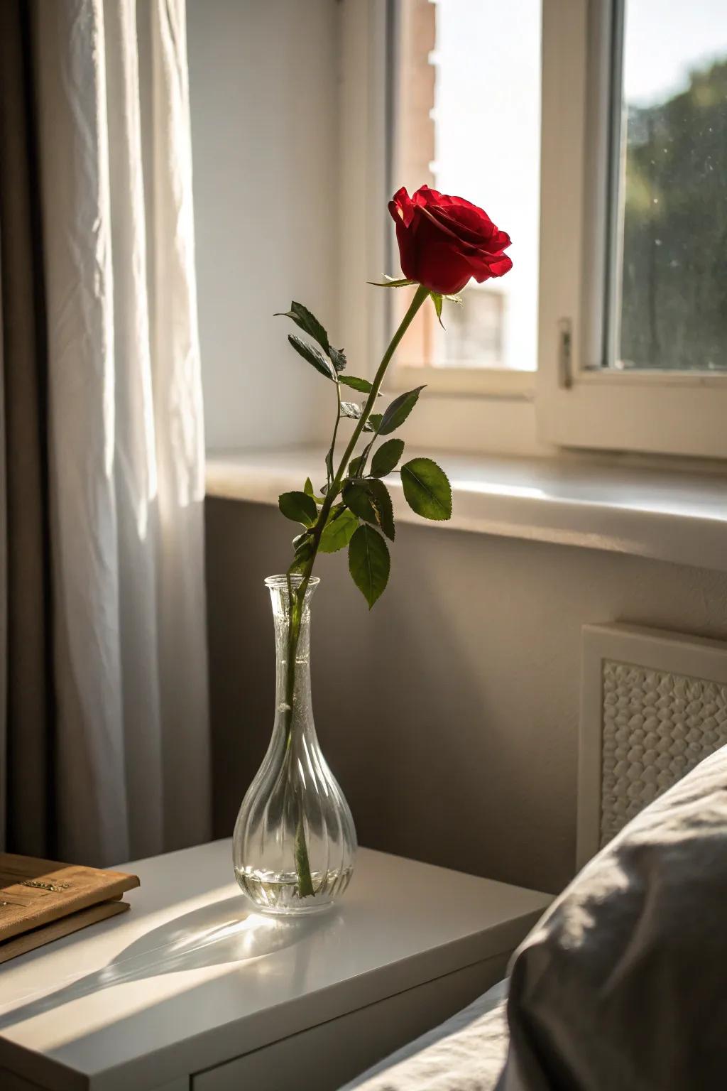 Elegant simplicity with a single rose in a slender vase.