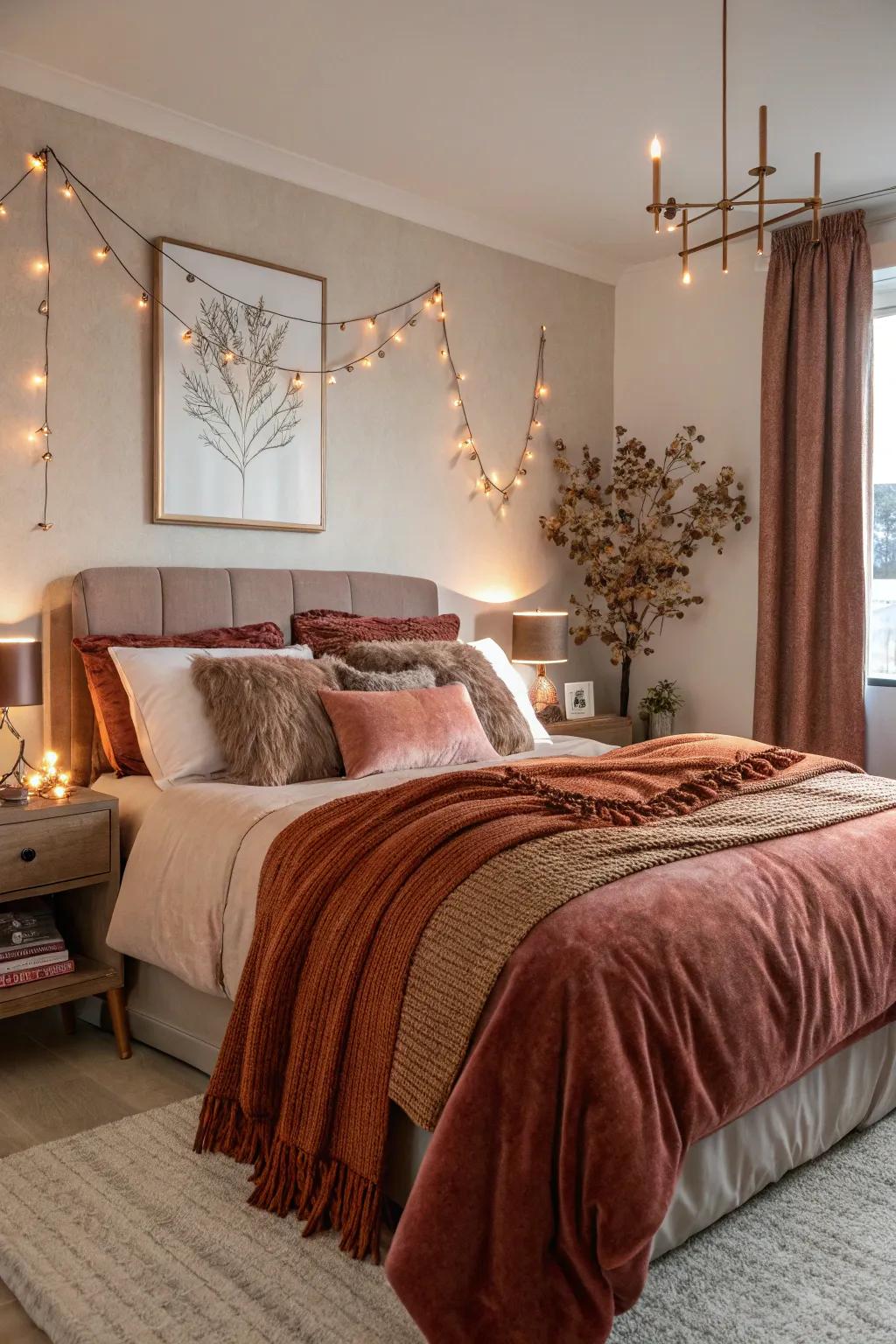 Rust tones and rose gold blend seamlessly for a warm ambiance.