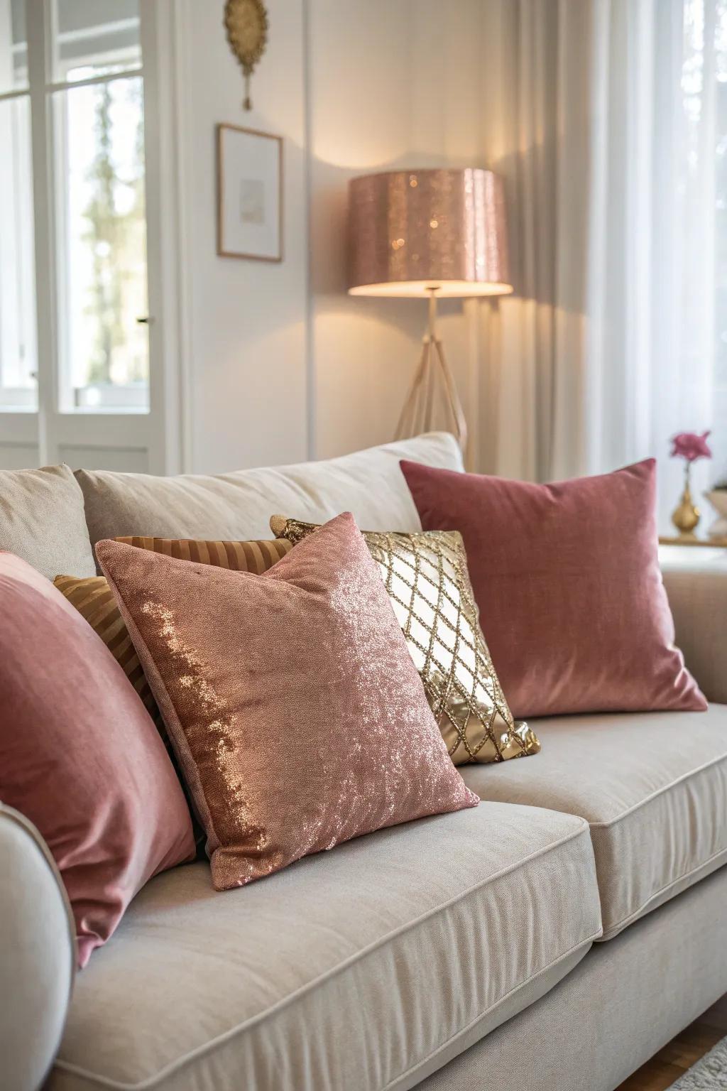 Velvet cushions in rose gold bring luxury and comfort to the space.