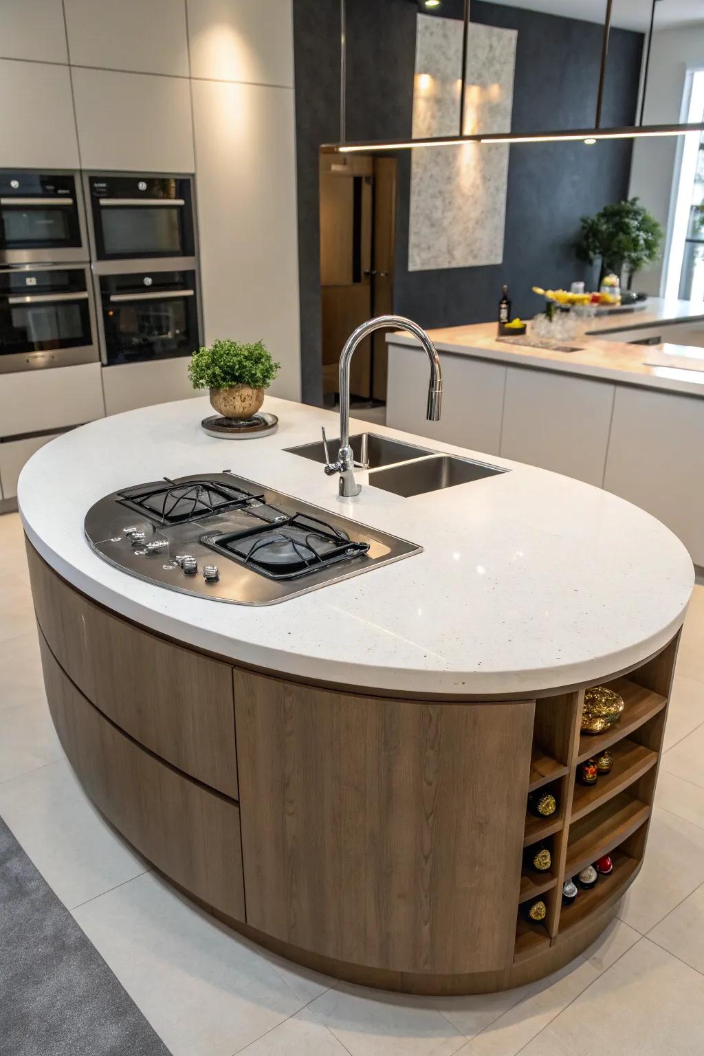 Effortless functionality with integrated appliances in a round island.