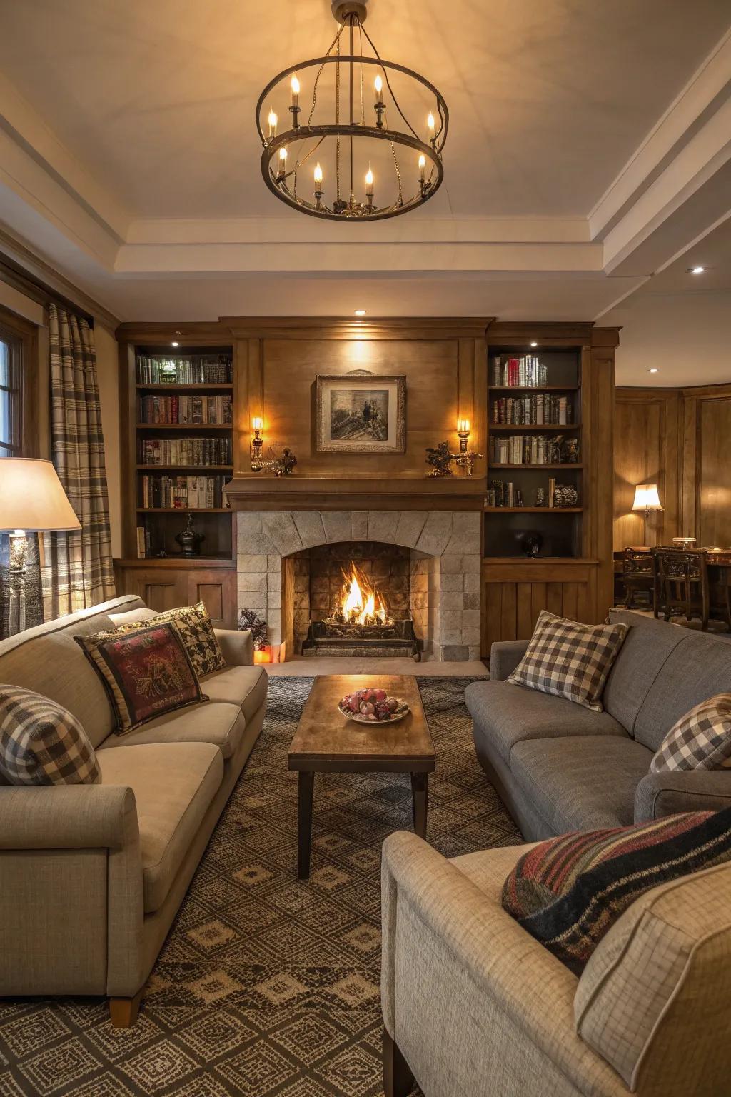 A cozy seating area centered around a stone fireplace, perfect for relaxation.