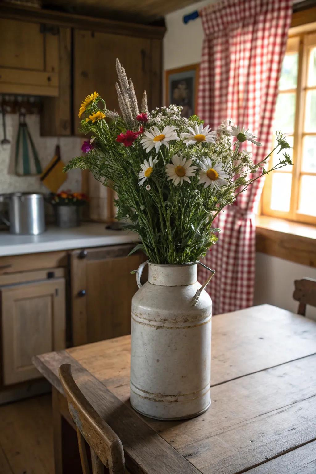 Vintage milk cans make unique and eye-catching vases.