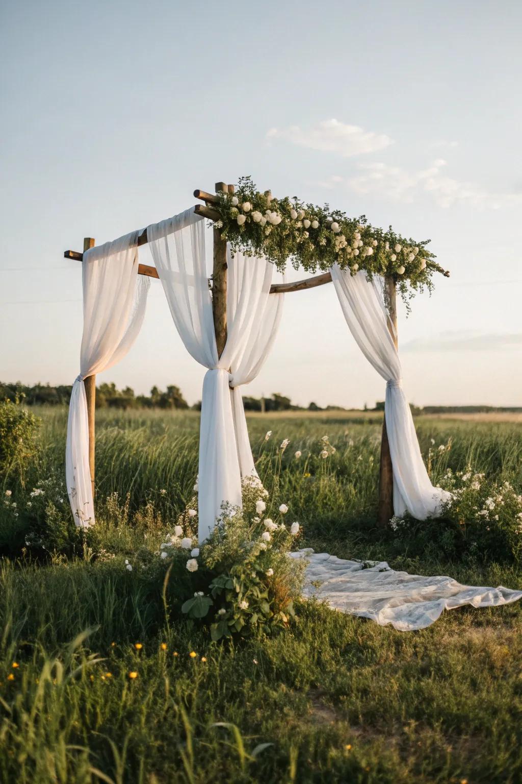 An elegant arch draped in delicate fabric, perfect for a dreamy outdoor ceremony.