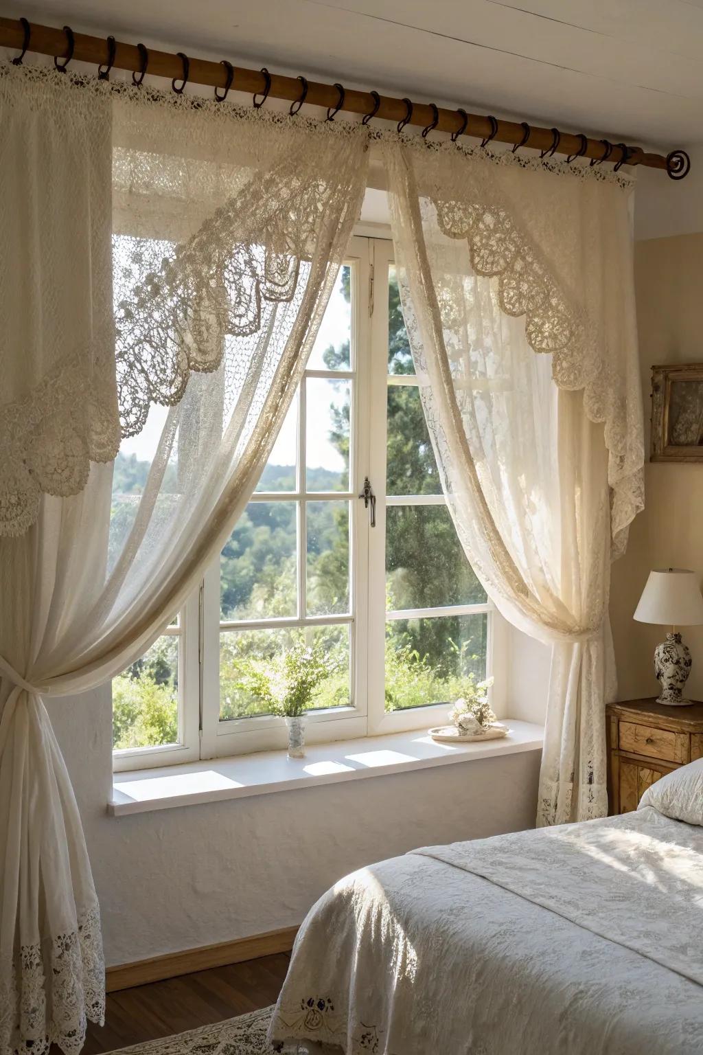 A peaceful bedroom featuring a lace and linen valance that gently filters natural light.