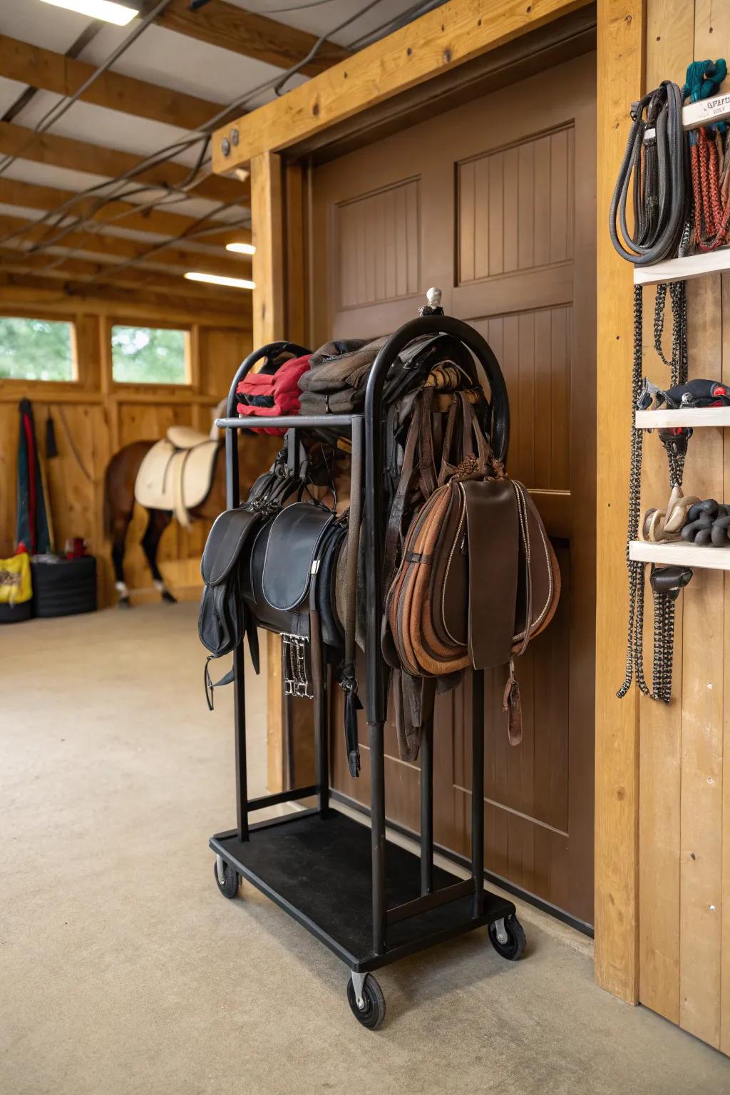 Take your saddles anywhere with portable racks.