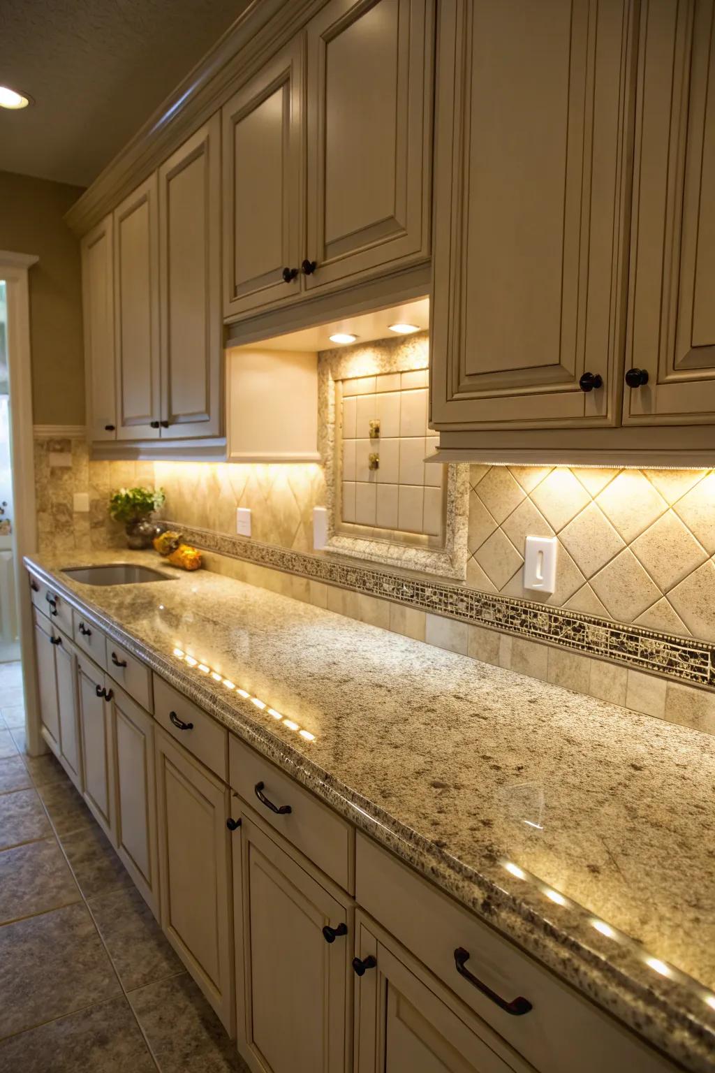 Under-cabinet lighting showcases the natural beauty of Santa Cecilia granite.