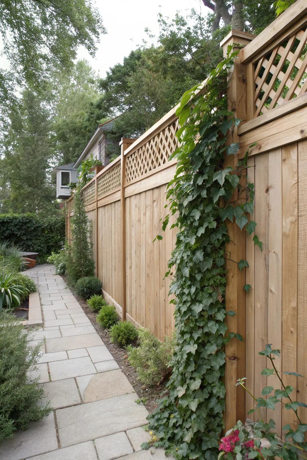 A charming lattice top adds elegance and functionality to a semi-private fence.