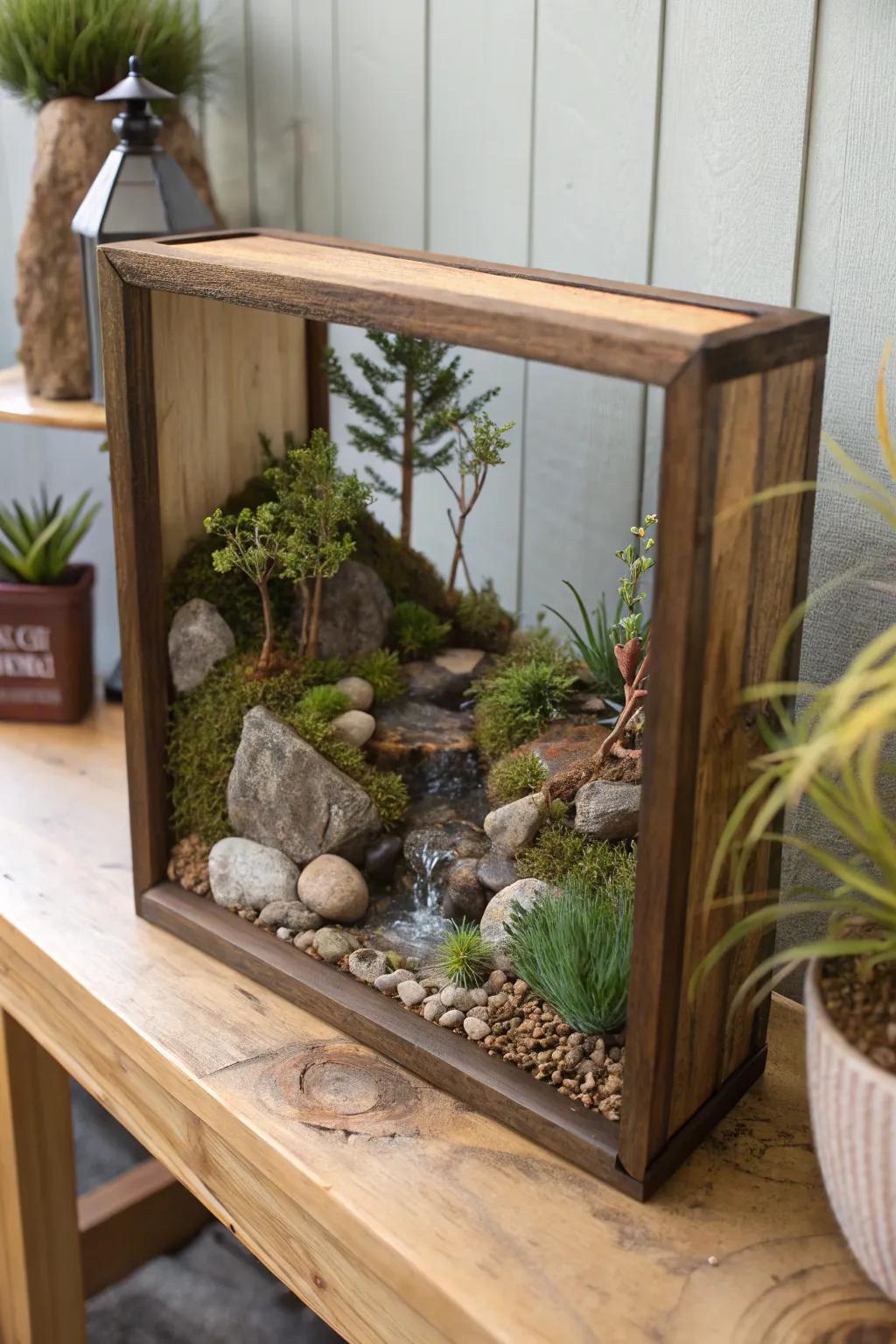 A nature scene diorama bringing a slice of the outdoors inside.