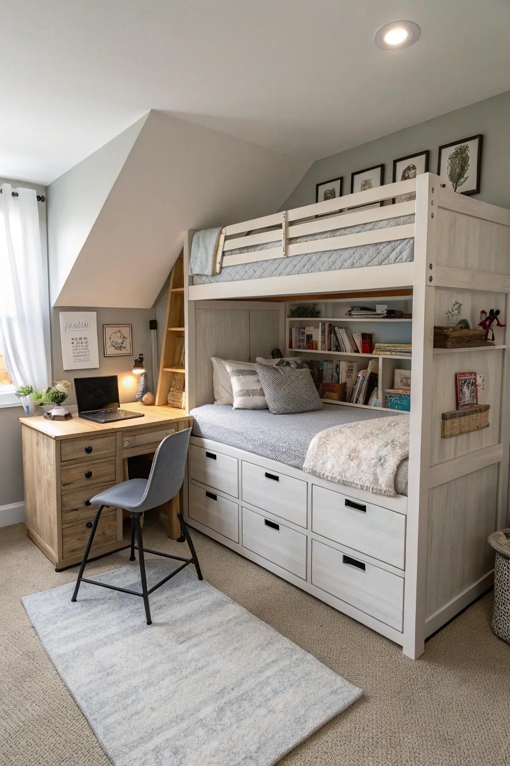 Multi-functional furniture maximizes every inch of this shared bedroom.