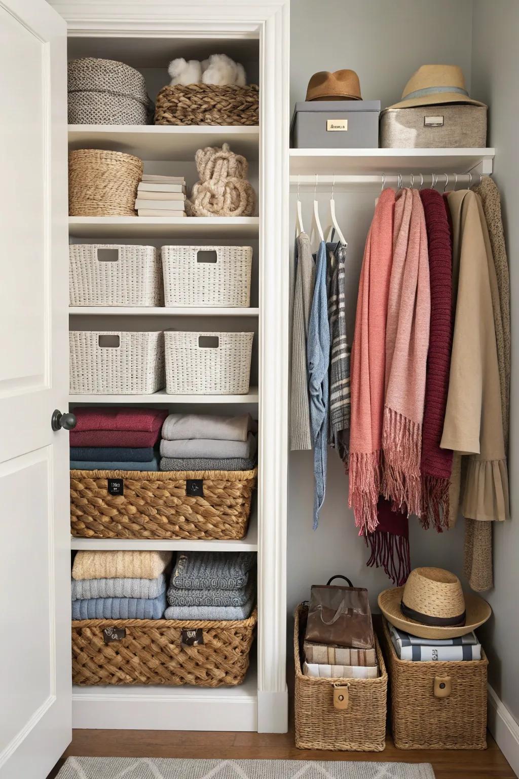 Woven baskets and bins neatly organizing accessories in a shared closet.